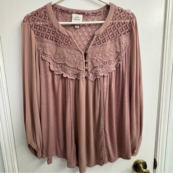 Knox Rose Tops - Knox Rose Women's Dusty Pink Lace Detail Boho Blouse - Size XXL